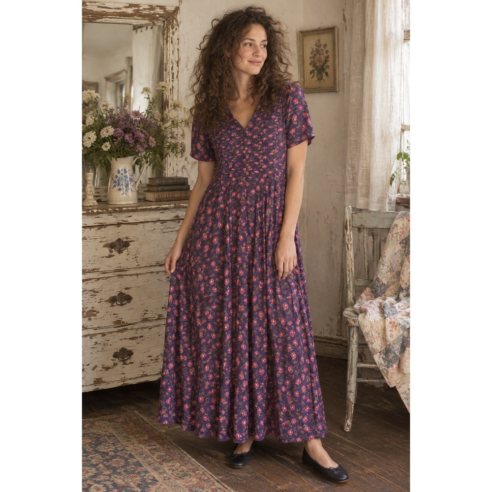 April Cornell Maxi Dress Sz M Vintage 90s Floral Cottagecore Prairie Shabby Chic